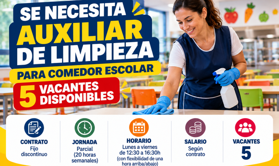 Se necesita auxiliar de limpieza para comedor escolar 5 vacantes disponibles